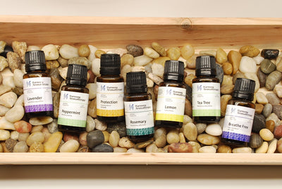 seven essential oil bottles laying on river rocks in wood box