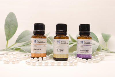 Womens wellness bundle of essential oils: femease, in focus, and lavender