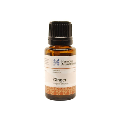 Ginger essential oil on white background